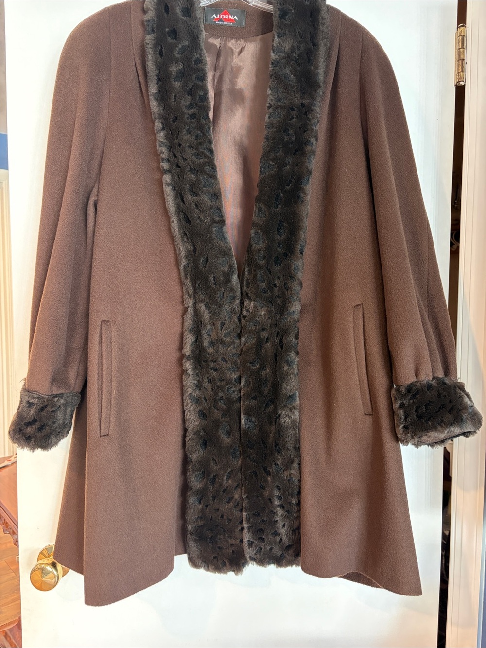 Vintage Alorna Forstmann Faux Fur Wool Coat Brown Overcoat Mob Wife Retro L